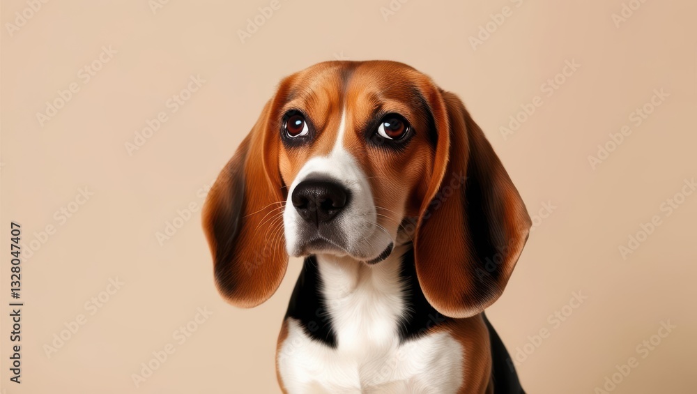 Close-Up Portrait of a Beagle Dog with Expressive Brown Eyes and Floppy Ears, Sitting Against a Light Tan Background. The Charming Canine Exhibits a Sweet, Slightly Sad Expression, Capturing Its Gentl Close-Up Portrait of a Beagle Dog with Expressive Brown Eyes and Floppy Ears, Sitting Against a Light Tan Background. The Charming Canine Exhibits a Sweet, Slightly Sad Expression, Capturing Its Gentl