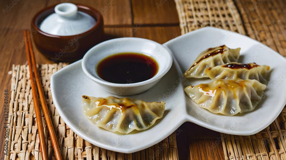 Gyoza or dumplings snack with soy sauce Gyoza or dumplings snack with soy sauce