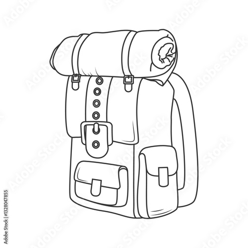 Minimalistic hiking backpack with rolled sleeping bag. Ideal for travel, camping, outdoor adventures, trekking, and mountaineering-themed designs, sketches, and illustrations.