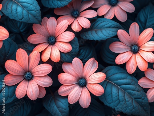 Wallpaper Mural Pink flowers with blue leaves create striking contrast in this vibrant image Torontodigital.ca