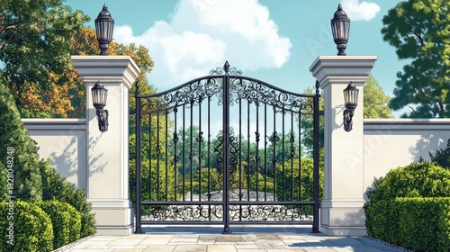 Elegant Iron Gate Surrounded by Lush Greenery and Decorative Lamps in a Picturesque Garden Setting
