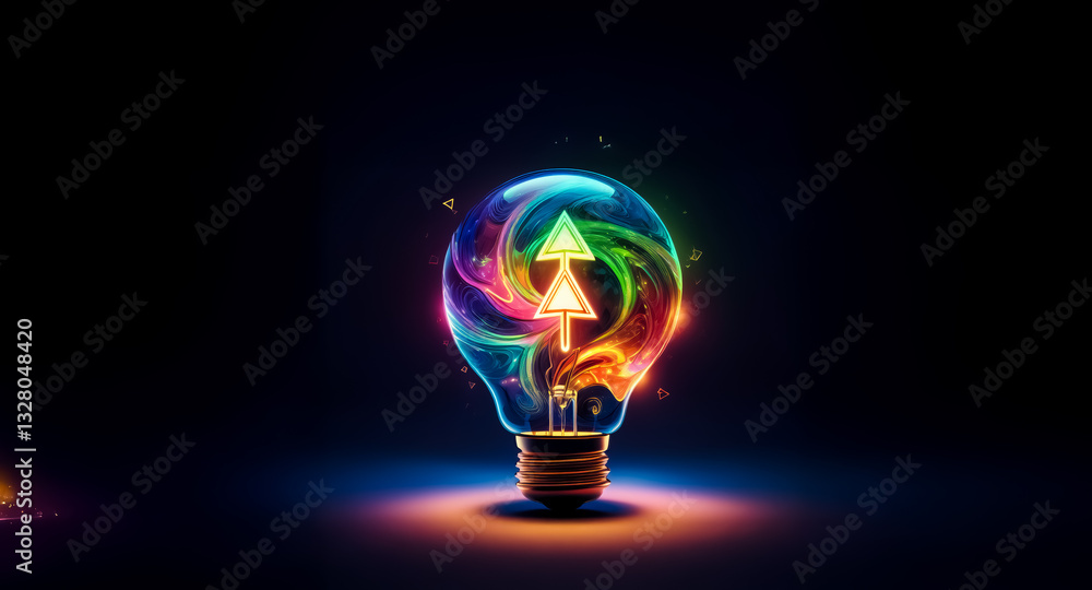 A luminous lightbulb radiates on a dark backdrop, filled with swirling vivid colors and two arrows pointing upwards, representing idea generation and advancement. A luminous lightbulb radiates on a dark backdrop, filled with swirling vivid colors and two arrows pointing upwards, representing idea generation and advancement.