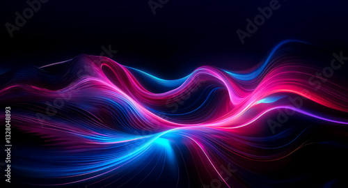 Abstract waves of vibrant pink and blue light flow and ripple across a dark backdrop, creating a dynamic and energetic visual effect.