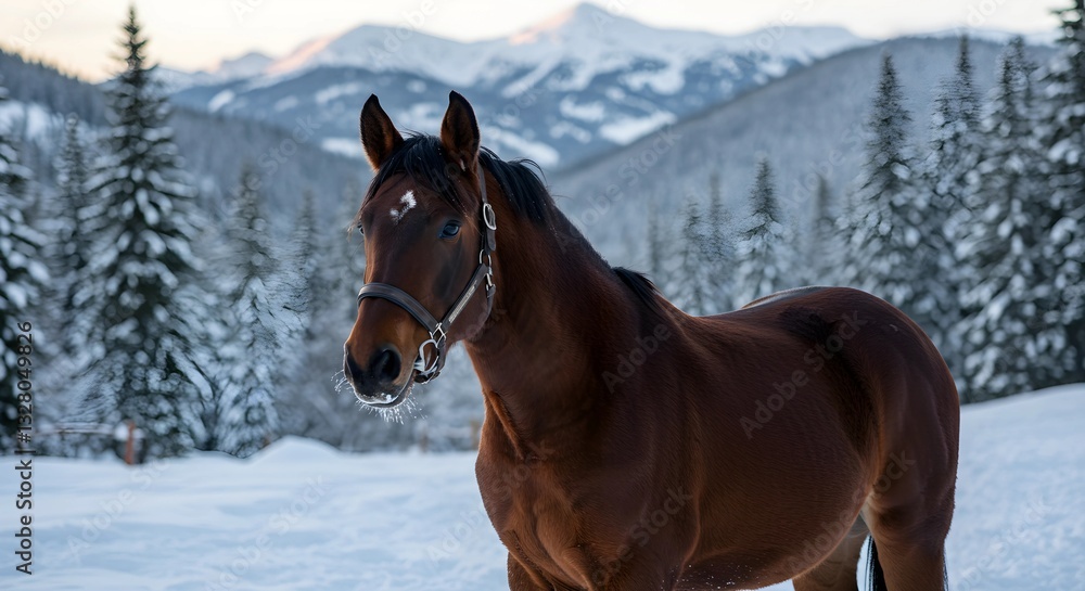 A brown stallion standing in the middle of a snow-covered valley, surrounded by towering pine trees and distant mountains under a soft winter light A brown stallion standing in the middle of a snow-covered valley, surrounded by towering pine trees and distant mountains under a soft winter light