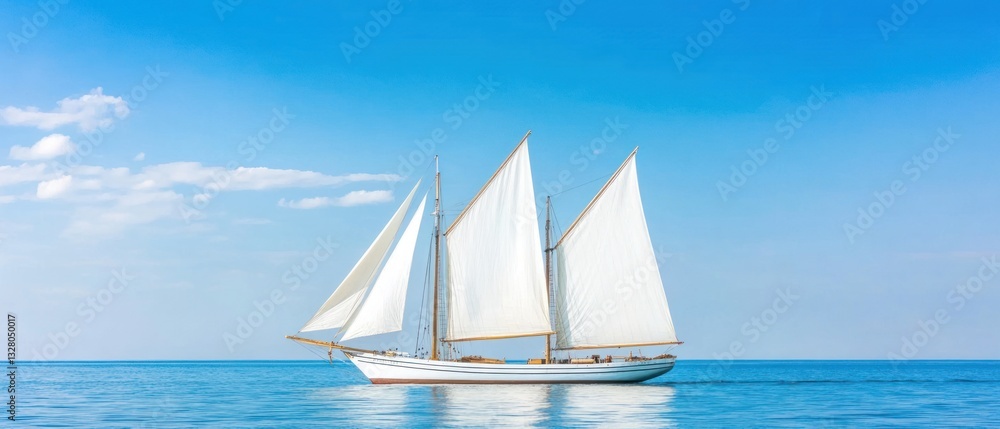 Naklejka premium Classic Sailboat Gracefully Sailing on a Calm Ocean Under a Bright Blue Sky