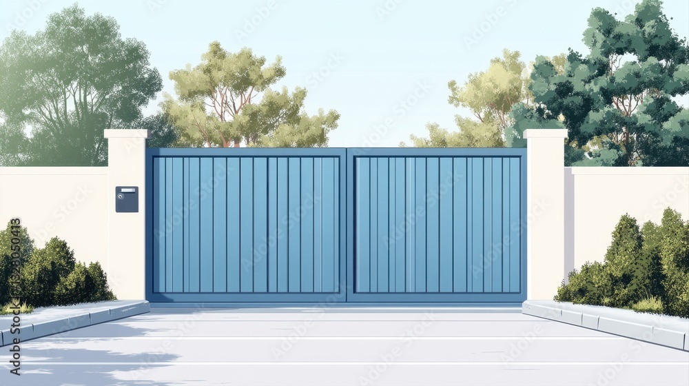 Obraz premium Serene Blue Gate Surrounded by Lush Greenery in Tranquil Outdoor Setting