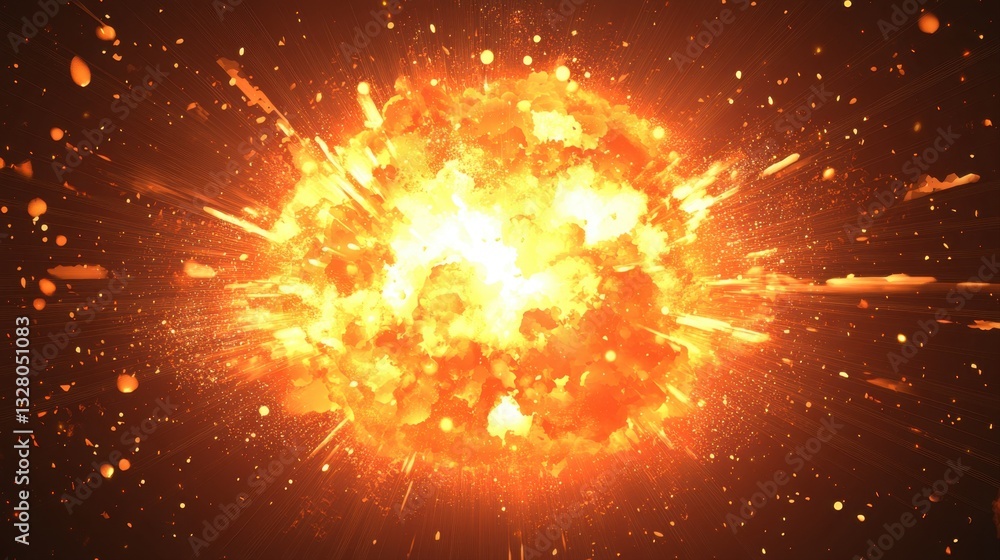 Fototapeta premium Explosive Fireball with Bright Orange Flare and Sparks Erupting Against Dark Background in Dynamic Motion