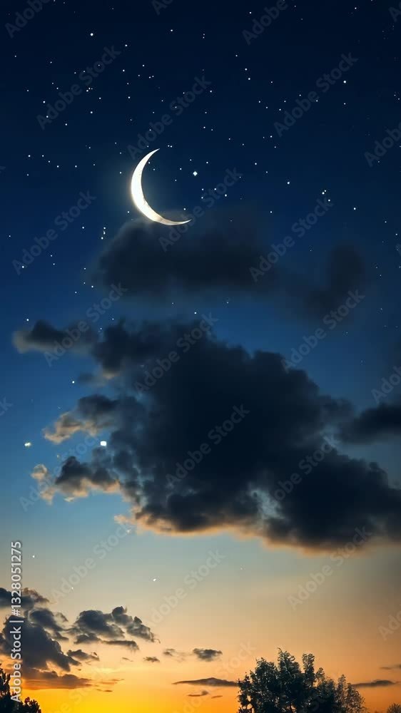 Peaceful night sky with crescent moon and scattered stars over horizon at twilight Peaceful night sky with crescent moon and scattered stars over horizon at twilight