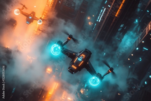 Futuristic Drones Flying Over Neon Cityscape in Atmospheric Fog