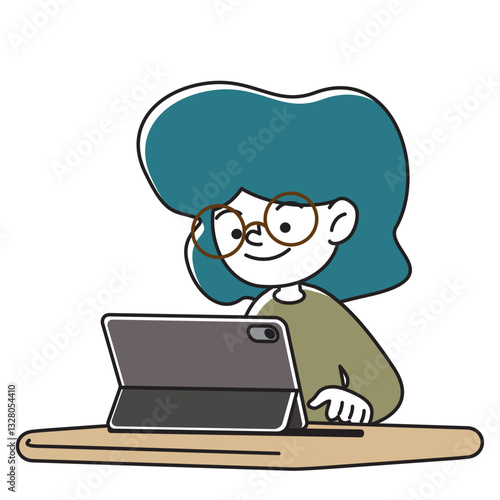 タブレット端末で学習をする笑顔の子供のベクターイラスト