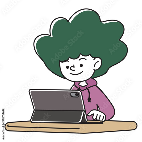 タブレット端末で学習をする笑顔の子供のベクターイラスト