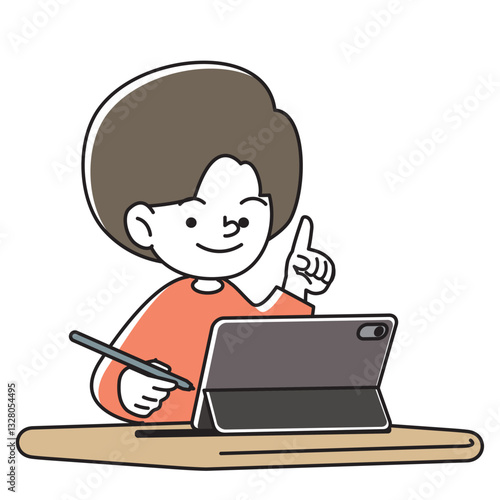 タブレット端末とタッチペンで学習をする笑顔の子供のベクターイラスト