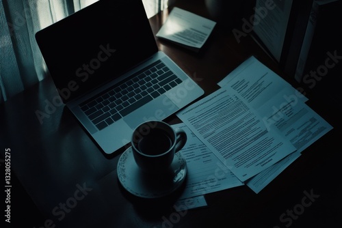 Workspace with Laptop, Coffee, and Documents in Soft Light