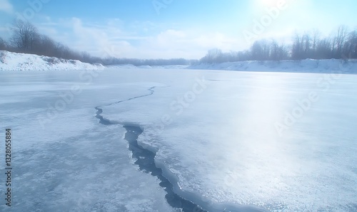 Wallpaper Mural Frozen river landscape under a clear blue sky, with visible cracks in the ice. Torontodigital.ca