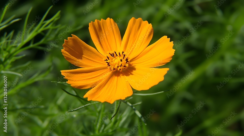 Vibrant Orange Cosmos Flower Closeup in Green Garden Vibrant Orange Cosmos Flower Closeup in Green Garden