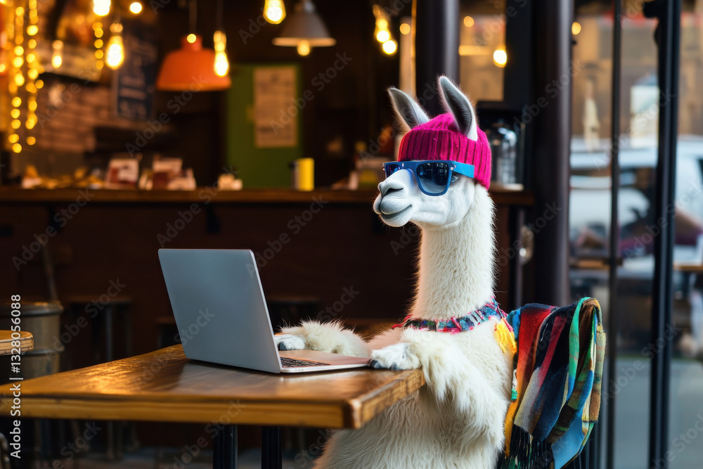 Fototapeta premium Hipster llama working on website design at a trendy coffee shop