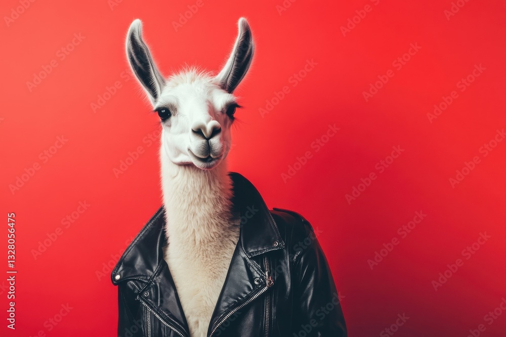 Fototapeta premium Hipster llama in leather jacket poses confidently against red backdrop