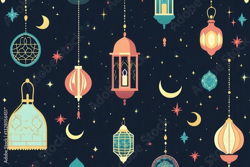 Colorful Lanterns and Stars Pattern on Dark Background