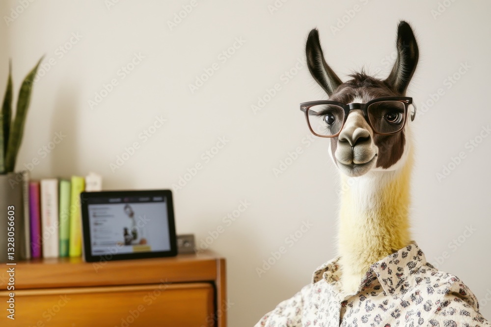 Fototapeta premium Llama engages in virtual Zoom meeting with stylish setup