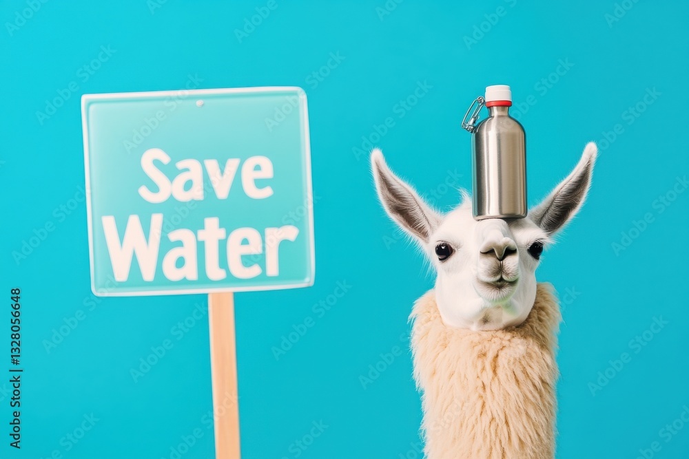 Fototapeta premium Llama promotes water conservation with a reusable bottle