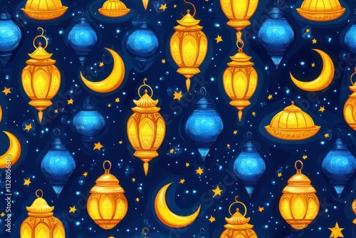 Colorful Lanterns and Moon Pattern Background for Celebrations