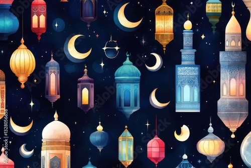 Colorful Lanterns and Moons Against Dark Starry Background Design