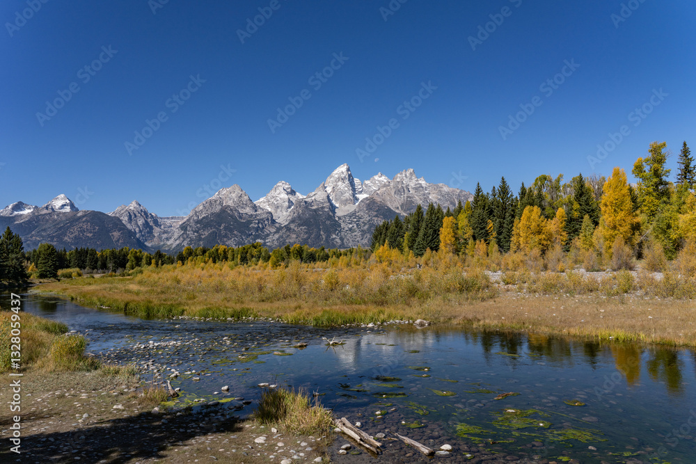 Fototapeta premium Schwabacher Landing / Snake River, Grand Teton National Park，Wyoming. Teton Range is Fault-block mountains