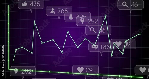 Line chart fluctuating with social media notification icons in animation style