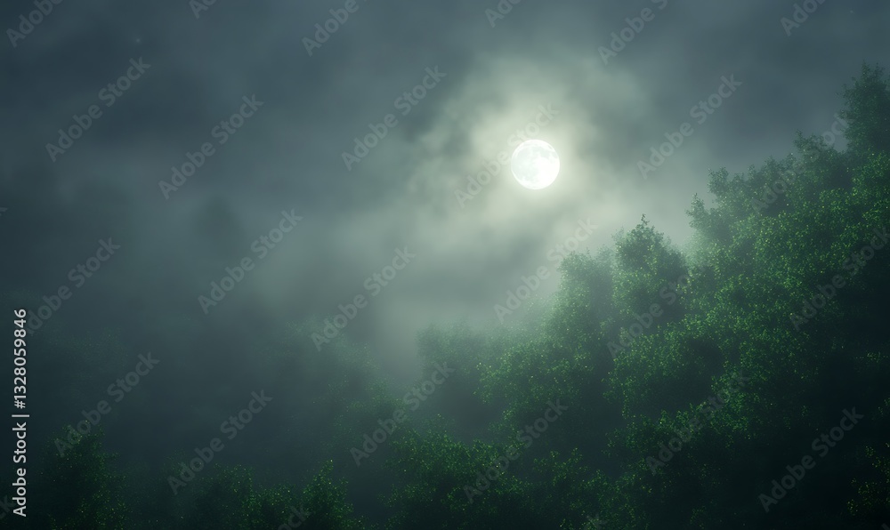 Fototapeta premium Misty night with a bright moon illuminating lush trees in a serene atmosphere.