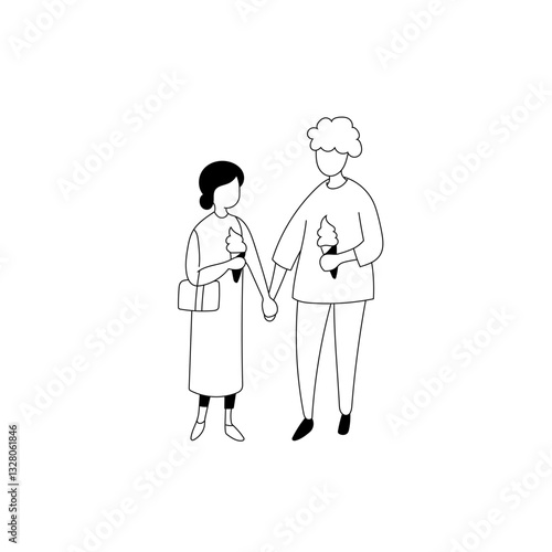 ソフトクリームを手に持つカップルのシンプルイラスト