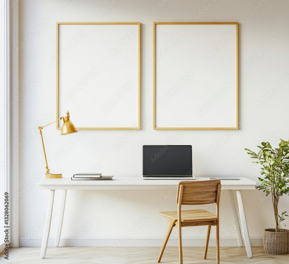 Fototapeta premium Minimalist home office workspace with two blank frames, laptop, desk, chair, and plant.