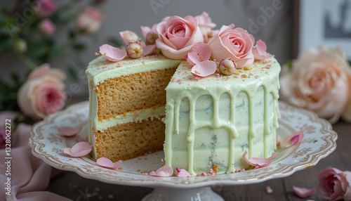 Delicious Pistachio Cake with Rose Decorations Elegant Dessert Wedding Cake