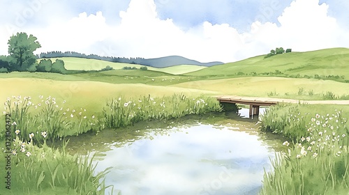 Tranquil landscape featuring a pond surrounded by lush greenery and distant hills under a bright sky.