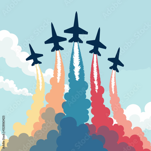 Military jets flying in formation with colorful smoke trails, airshow tribute