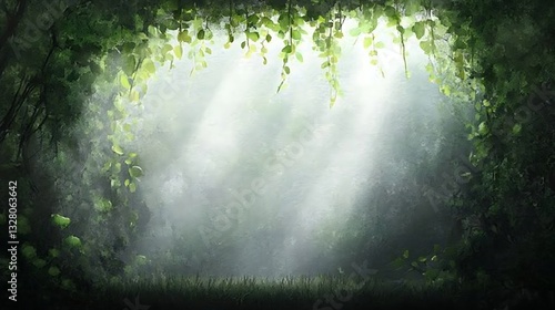 Mysterious forest scene with soft light filtering through lush foliage.