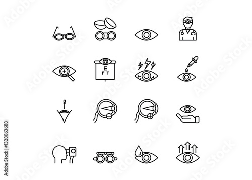 A set of icons for ophthalmology. The icons include eyeglasses, contact lenses, Eyeglasses, and eye Exams. Editable stroke. Vector illustration.	