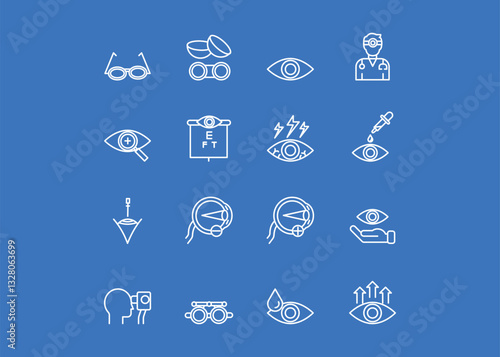A set of icons for ophthalmology. The icons include eyeglasses, contact lenses, Eyeglasses, and eye Exams. Editable stroke. Vector illustration.