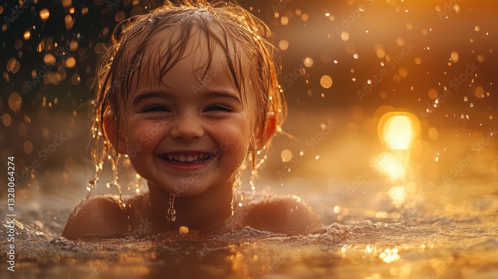 A smiling girl with wet hair splashes in golden water, surrounded by glowing sunset reflections and warm light A smiling girl with wet hair splashes in golden water, surrounded by glowing sunset reflections and warm light