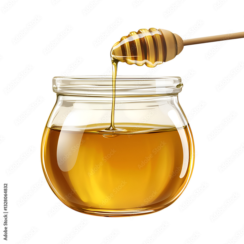 Golden Honey Dripping from Dipper into Glass Jar. Isolated on Transparent Background. Golden Honey Dripping from Dipper into Glass Jar. Isolated on Transparent Background.