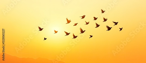 Wallpaper Mural Golden Hour Flight: A Flock of Birds Silhouetted Against a Vibrant Sunset Sky Torontodigital.ca