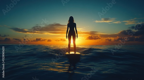 A surfer stands on a board, gazing at the setting sun over the open ocean. The golden light reflects off the water, creating a peaceful and surreal moment