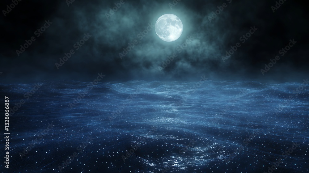 Moonlit ocean scene with dark clouds reflecting on the shimmering water surface. Moonlit ocean scene with dark clouds reflecting on the shimmering water surface.