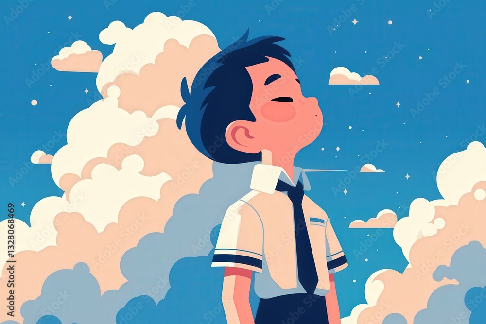 Peaceful Boy Looking at Sky Illustration for Children's Books an Peaceful Boy Looking at Sky Illustration for Children's Books an
