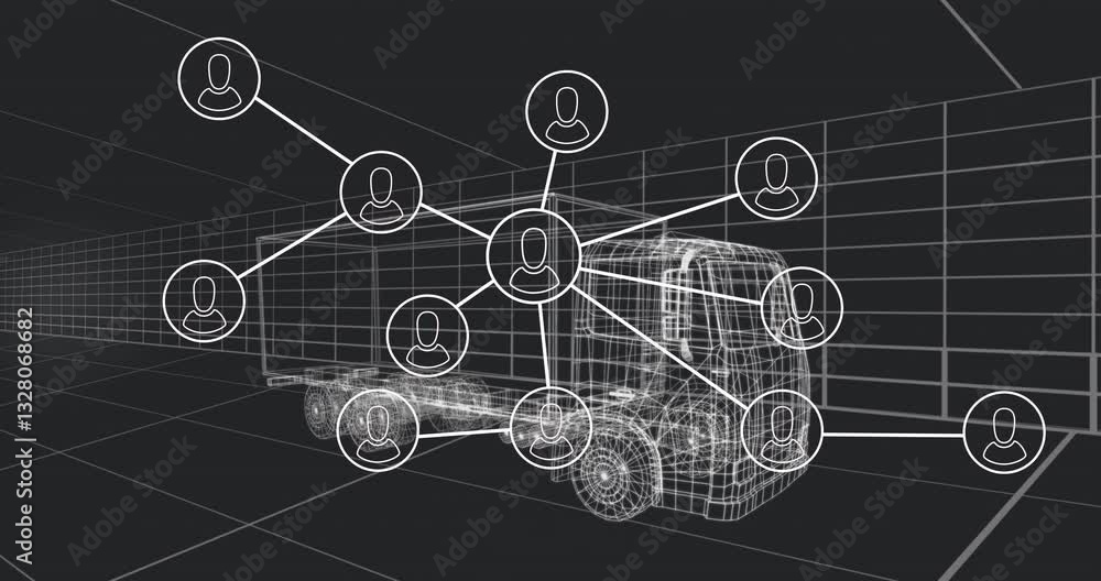 Network of connections and data processing animation over truck wireframe Network of connections and data processing animation over truck wireframe