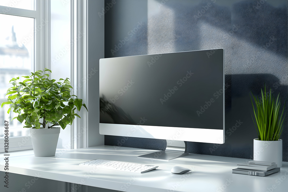 Fototapeta premium Aesthetic minimalist office space featuring a modern computer setup and serene plant life