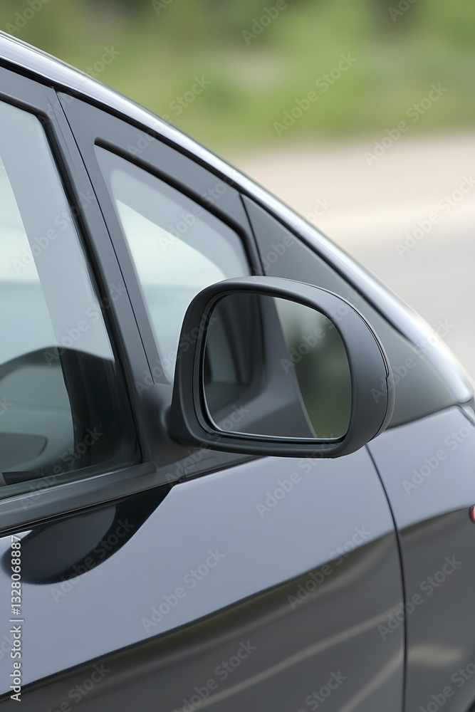 Closeup of Black Car Side Mirror Reflecting Road Closeup of Black Car Side Mirror Reflecting Road