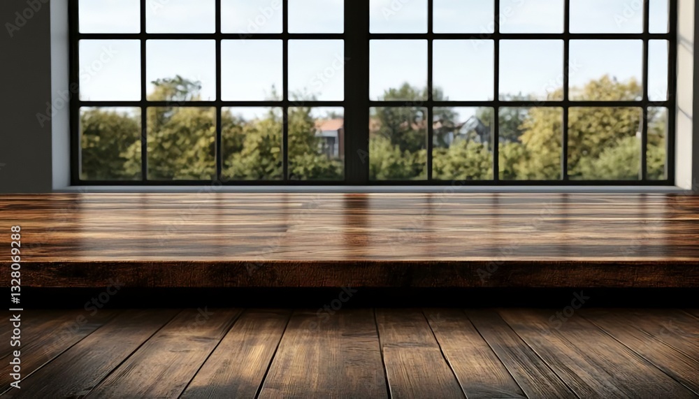 Bright and Spacious Room with Wooden Table and Large Window View Bright and Spacious Room with Wooden Table and Large Window View