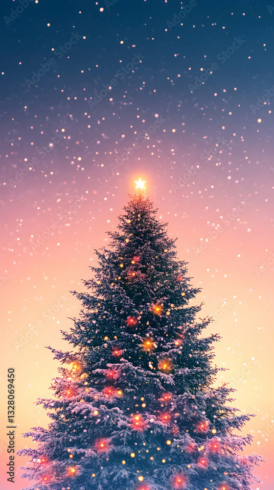 Elegant christmas tree against a gradient sky backdrop with falling snow Elegant christmas tree against a gradient sky backdrop with falling snow