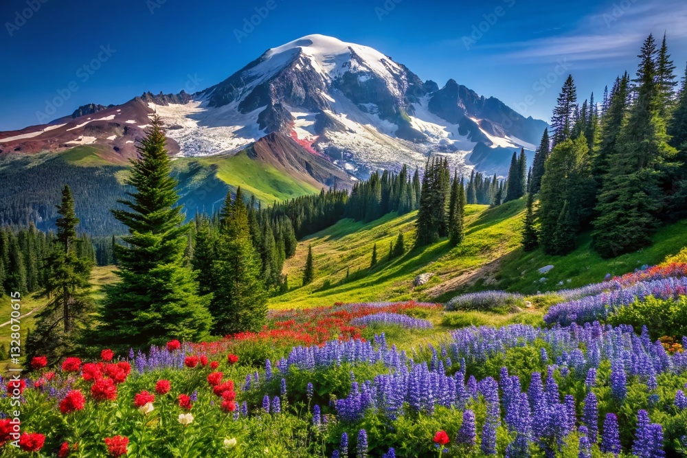 Naklejka premium Majestic Mt. Rainier Trail: Panoramic View from Mazama Ridge, Washington State National Park