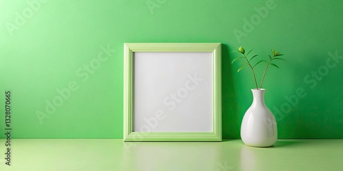 Minimalist Green Frame with White Vase in a Modern Decor Setting for Creative Art Presentations and Mockups